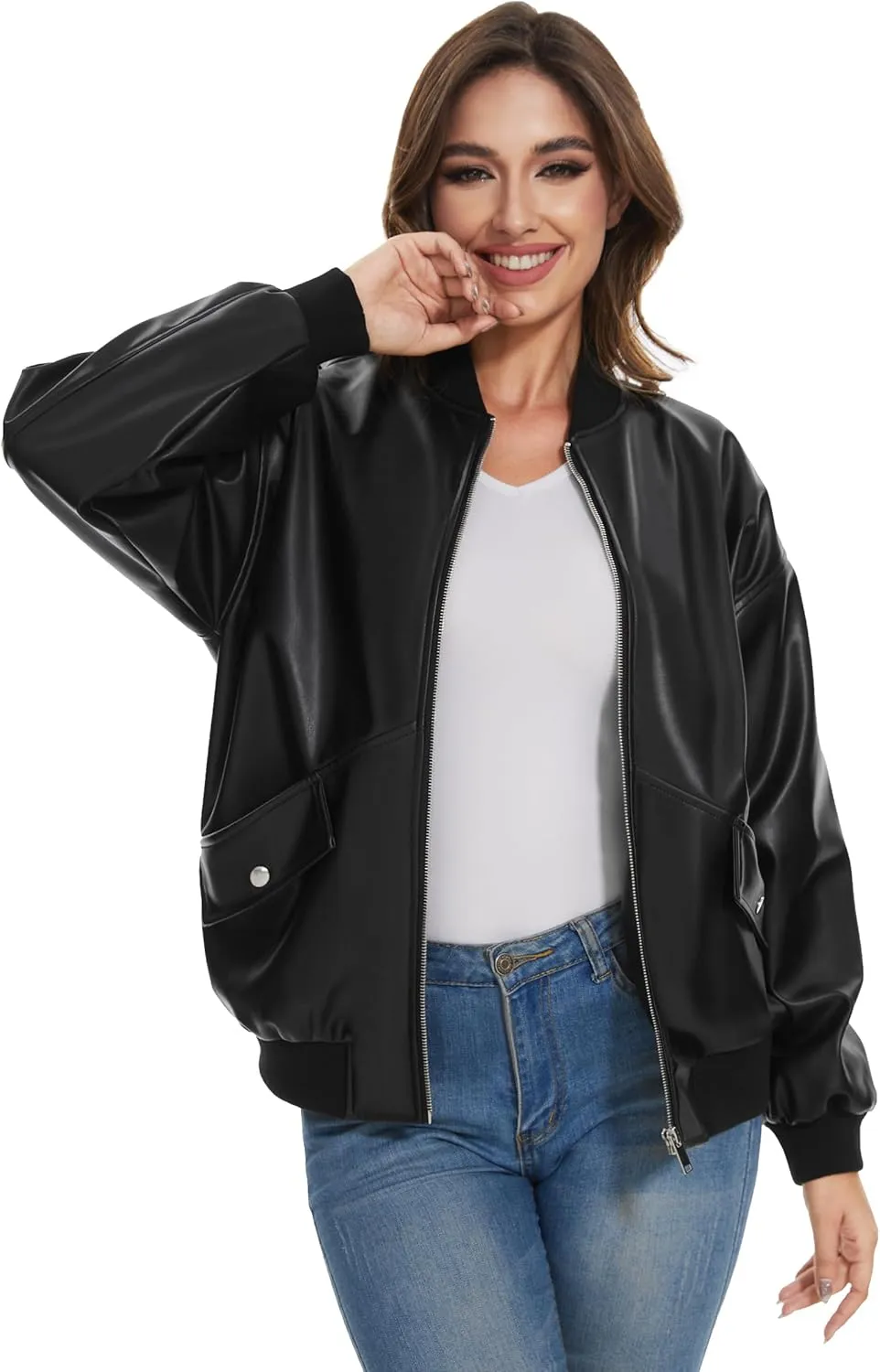 Fahsyee Women's Leather Jackets, Faux Motorcycle Biker Coat Short Lightweight Vegan