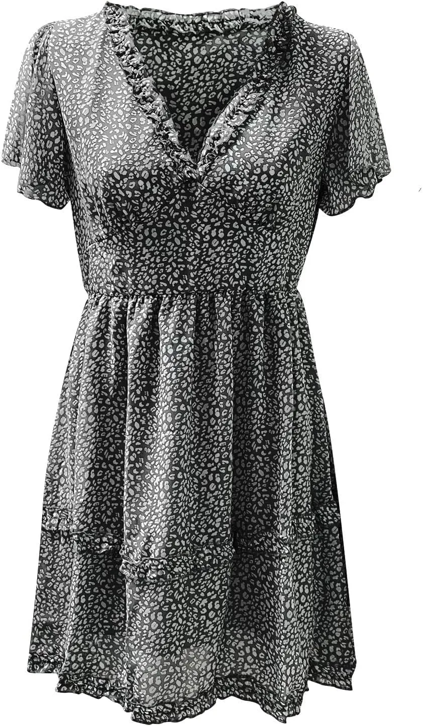 Floral Dresses for Women 2025 Deep V Neck Short Sleeve Summer Dress Shirred Elastic Waist A-Line Tunic Mini Dress