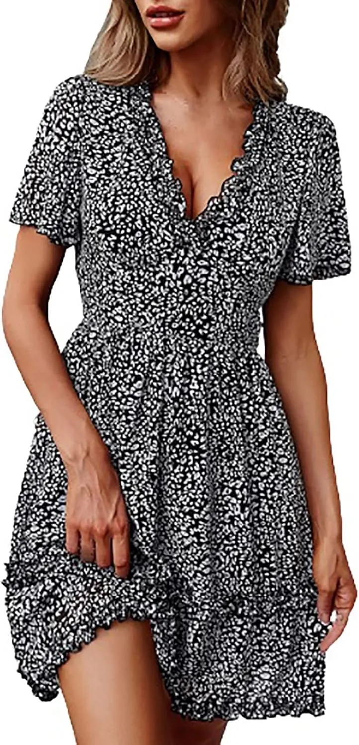 Floral Dresses for Women 2025 Deep V Neck Short Sleeve Summer Dress Shirred Elastic Waist A-Line Tunic Mini Dress