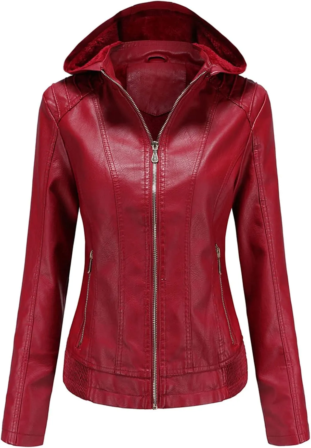 HALITOSS Women Classic Faux Leather PU Moto Biker Jacket Slim Fit Casual Zip Up Inner Fleece Coat With Hoodies