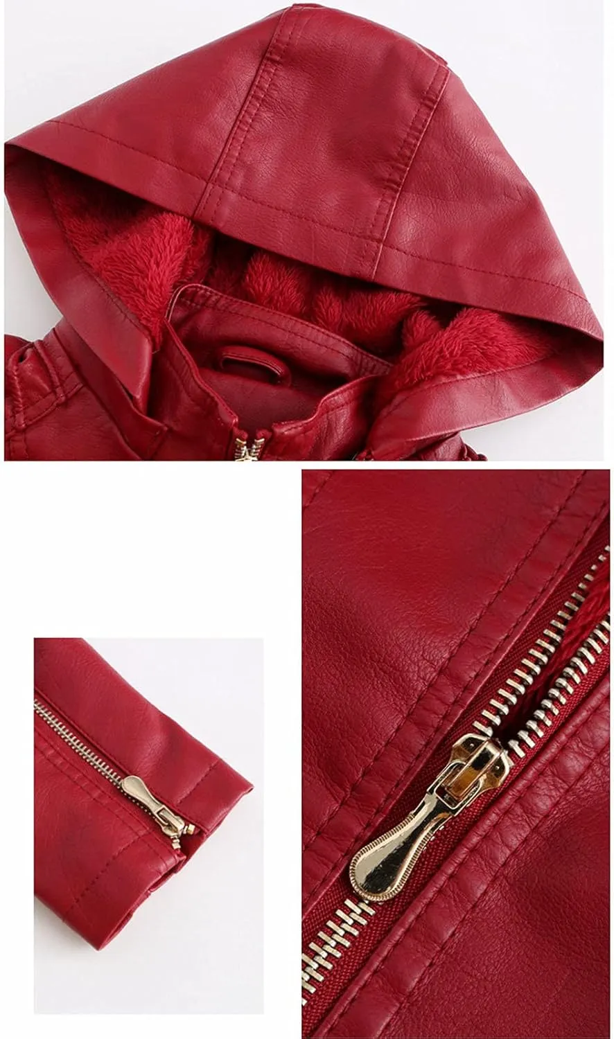 HALITOSS Women Classic Faux Leather PU Moto Biker Jacket Slim Fit Casual Zip Up Inner Fleece Coat With Hoodies