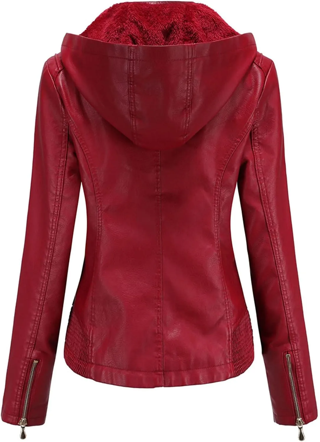 HALITOSS Women Classic Faux Leather PU Moto Biker Jacket Slim Fit Casual Zip Up Inner Fleece Coat With Hoodies