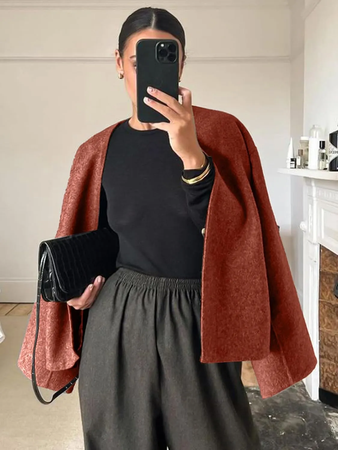 HOTIAN Women Plus Size Cropped Wool Blend Coats Long Sleeve Coat Jacket Peacoat Fall Winter Outwear Overcoat