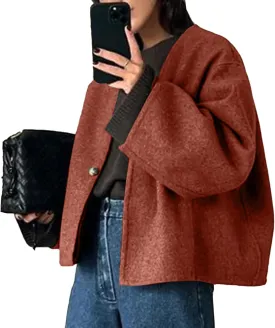 HOTIAN Women Plus Size Cropped Wool Blend Coats Long Sleeve Coat Jacket Peacoat Fall Winter Outwear Overcoat