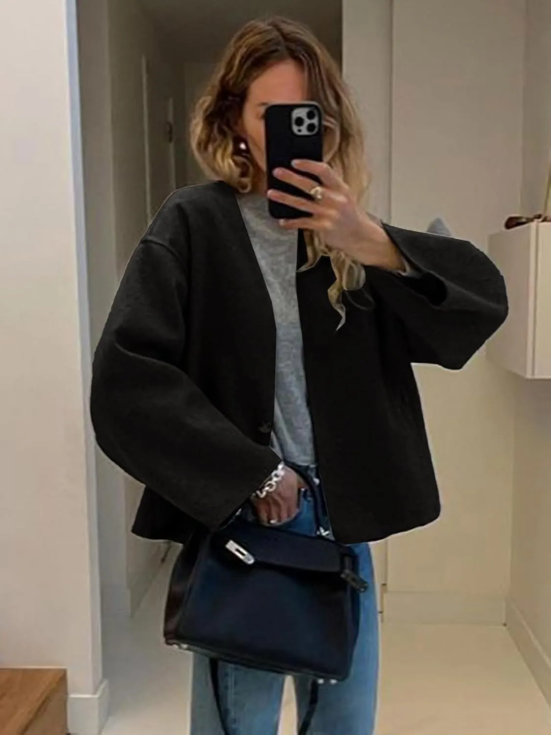 HOTIAN Women Plus Size Cropped Wool Blend Coats Long Sleeve Coat Jacket Peacoat Fall Winter Outwear Overcoat