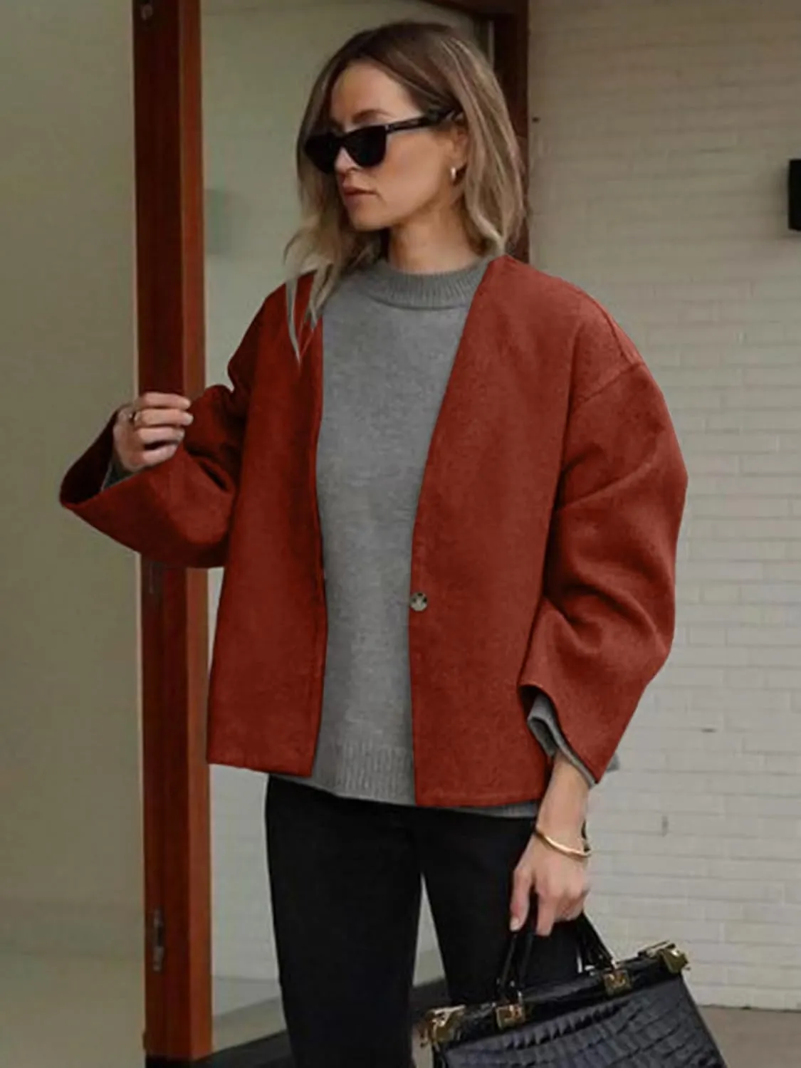 HOTIAN Women Plus Size Cropped Wool Blend Coats Long Sleeve Coat Jacket Peacoat Fall Winter Outwear Overcoat