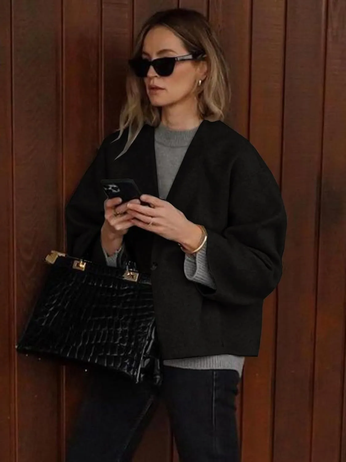 HOTIAN Women Plus Size Cropped Wool Blend Coats Long Sleeve Coat Jacket Peacoat Fall Winter Outwear Overcoat