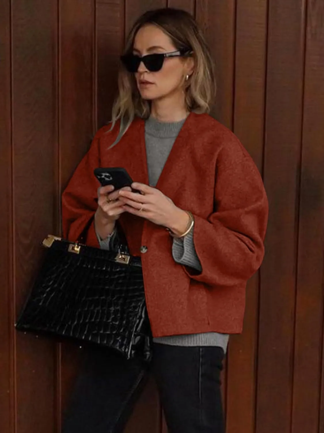 HOTIAN Women Plus Size Cropped Wool Blend Coats Long Sleeve Coat Jacket Peacoat Fall Winter Outwear Overcoat