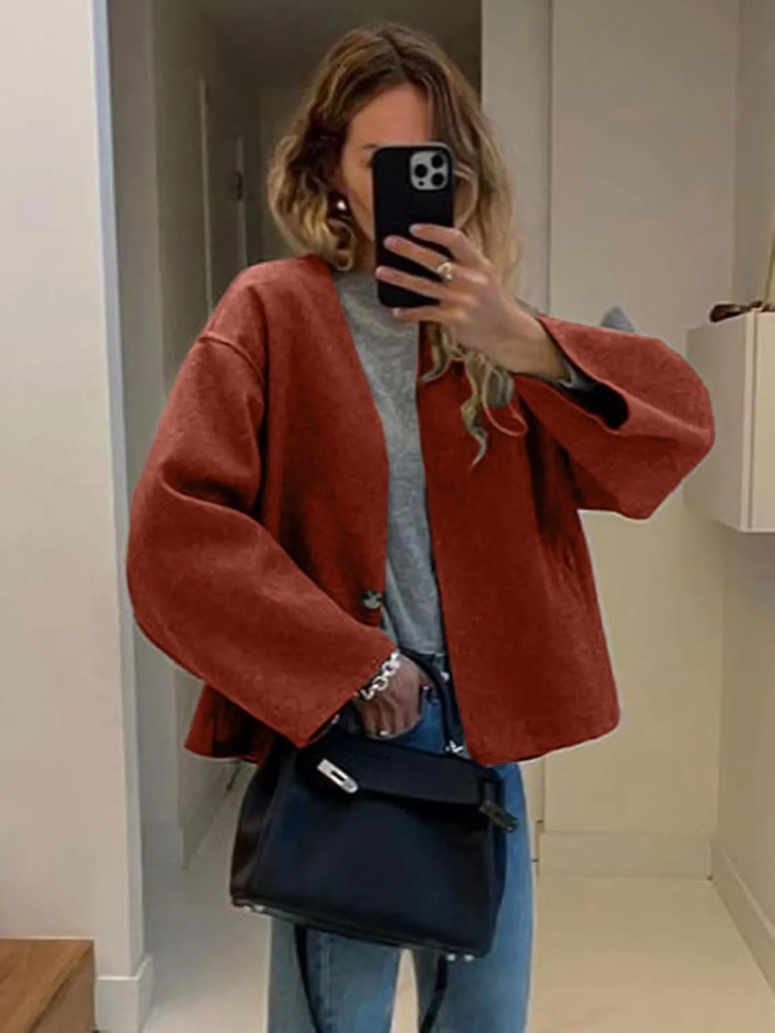 HOTIAN Women Plus Size Cropped Wool Blend Coats Long Sleeve Coat Jacket Peacoat Fall Winter Outwear Overcoat