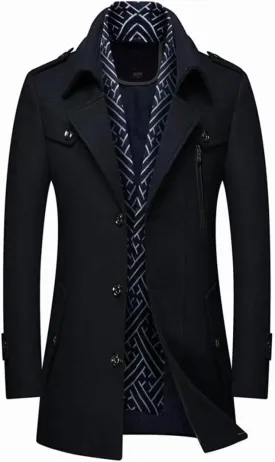 INVACHI Men's Wool Blend Coat Warm Winter Trench Coat with Detachable Soft Scarf Single Breasted Pea Coat