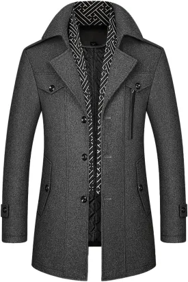 INVACHI Men's Wool Blend Coat Warm Winter Trench Coat with Detachable Soft Scarf Single Breasted Pea Coat