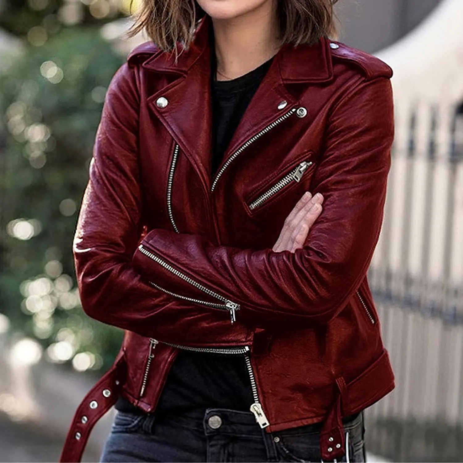 IVERIRMIN Womens Leather Jackets Faux Motorcycle Plus Size Moto Biker Cropped Slim Fit Coat Short Lightweight Jacket Coat