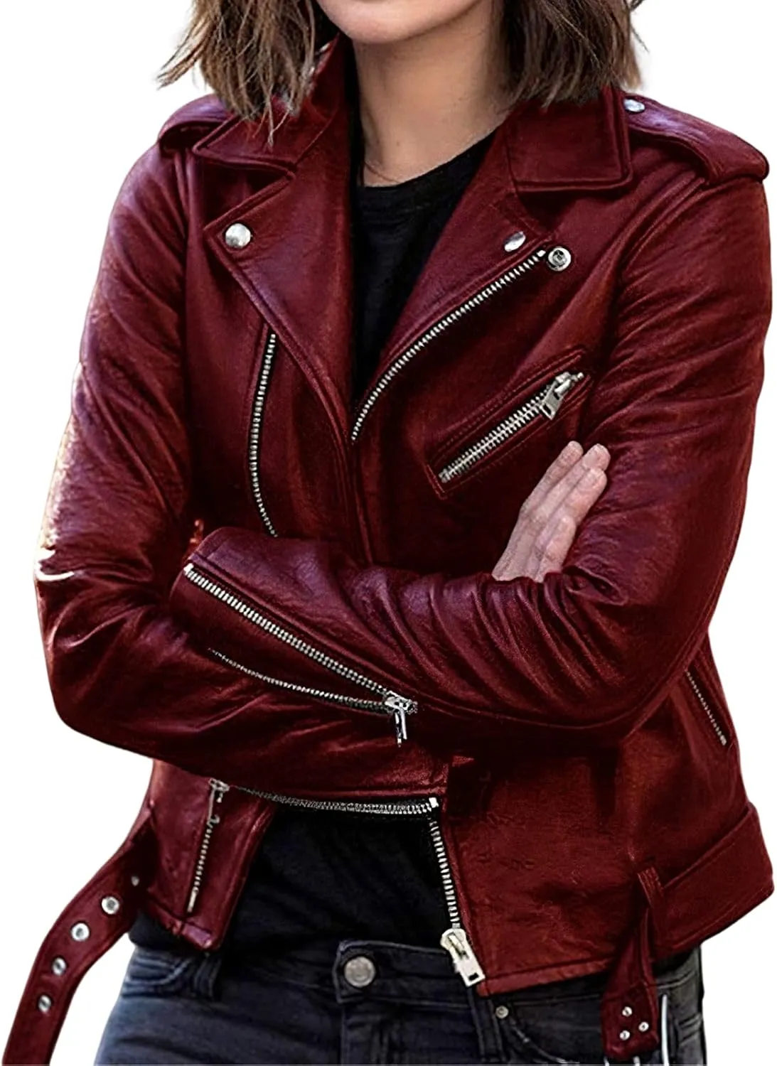 IVERIRMIN Womens Leather Jackets Faux Motorcycle Plus Size Moto Biker Cropped Slim Fit Coat Short Lightweight Jacket Coat