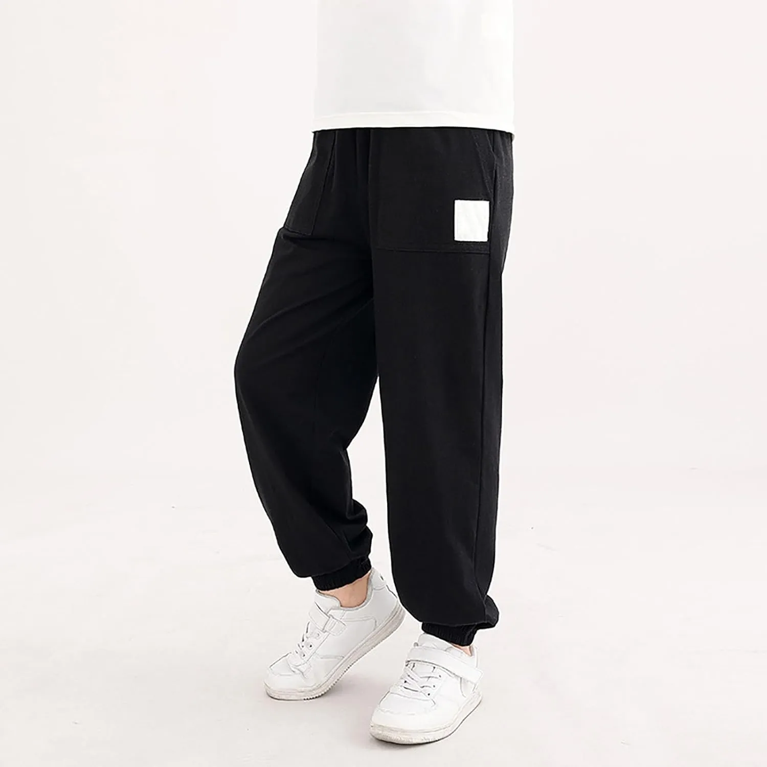 Kids Boys Girls Cuffed Sweatpants Stretch Pull on Elastic Pants Kids Jogger Loose Solid Color School Pants