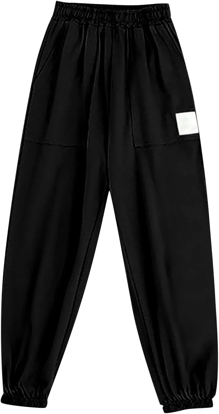 Kids Boys Girls Cuffed Sweatpants Stretch Pull on Elastic Pants Kids Jogger Loose Solid Color School Pants