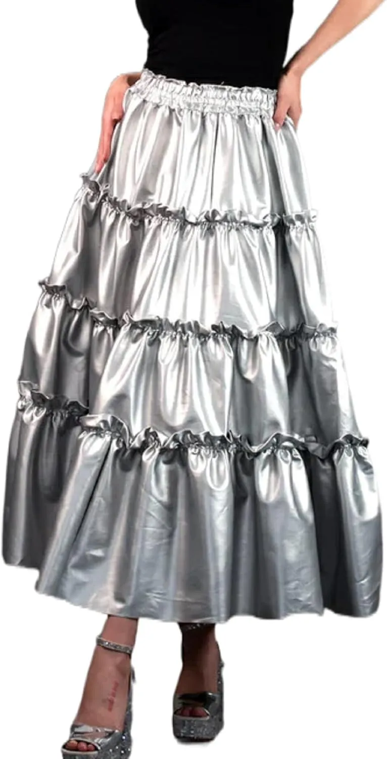 KMBANGI Women Metallic Midi Skirt Elastic Waist Tiered Ruffle Flare A Line Long Skirts Swing Flowy Maxi Skirt Party Clubwear
