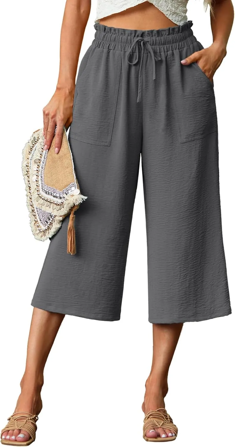 Lepunuo Women's Wide Leg Capri Pants High Waisted Palazzo Pants Adjustable Casual Tie Knot Pants with Pockets
