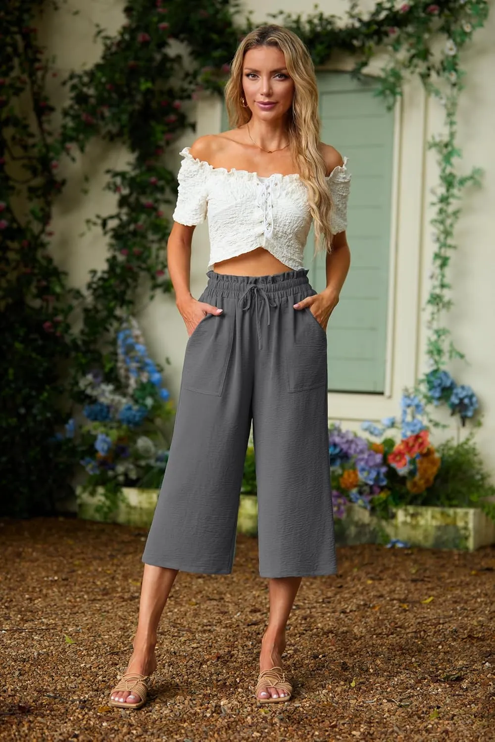 Lepunuo Women's Wide Leg Capri Pants High Waisted Palazzo Pants Adjustable Casual Tie Knot Pants with Pockets