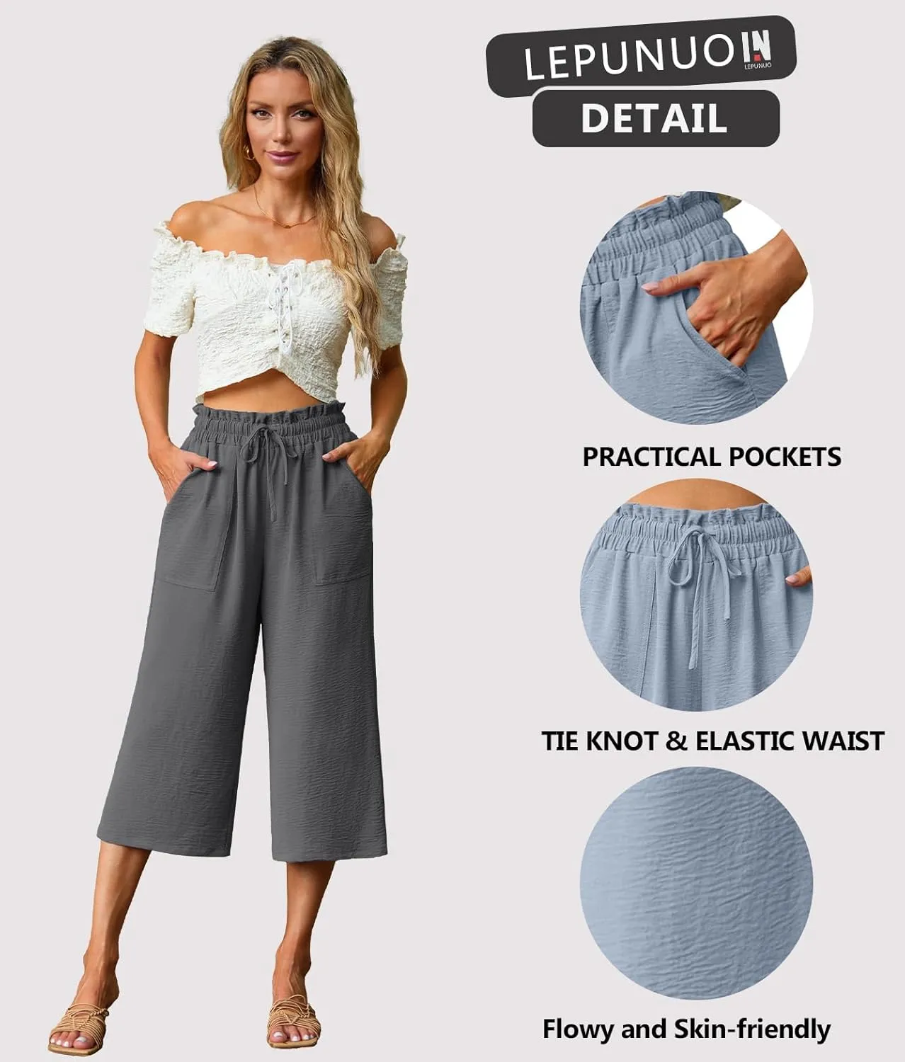 Lepunuo Women's Wide Leg Capri Pants High Waisted Palazzo Pants Adjustable Casual Tie Knot Pants with Pockets