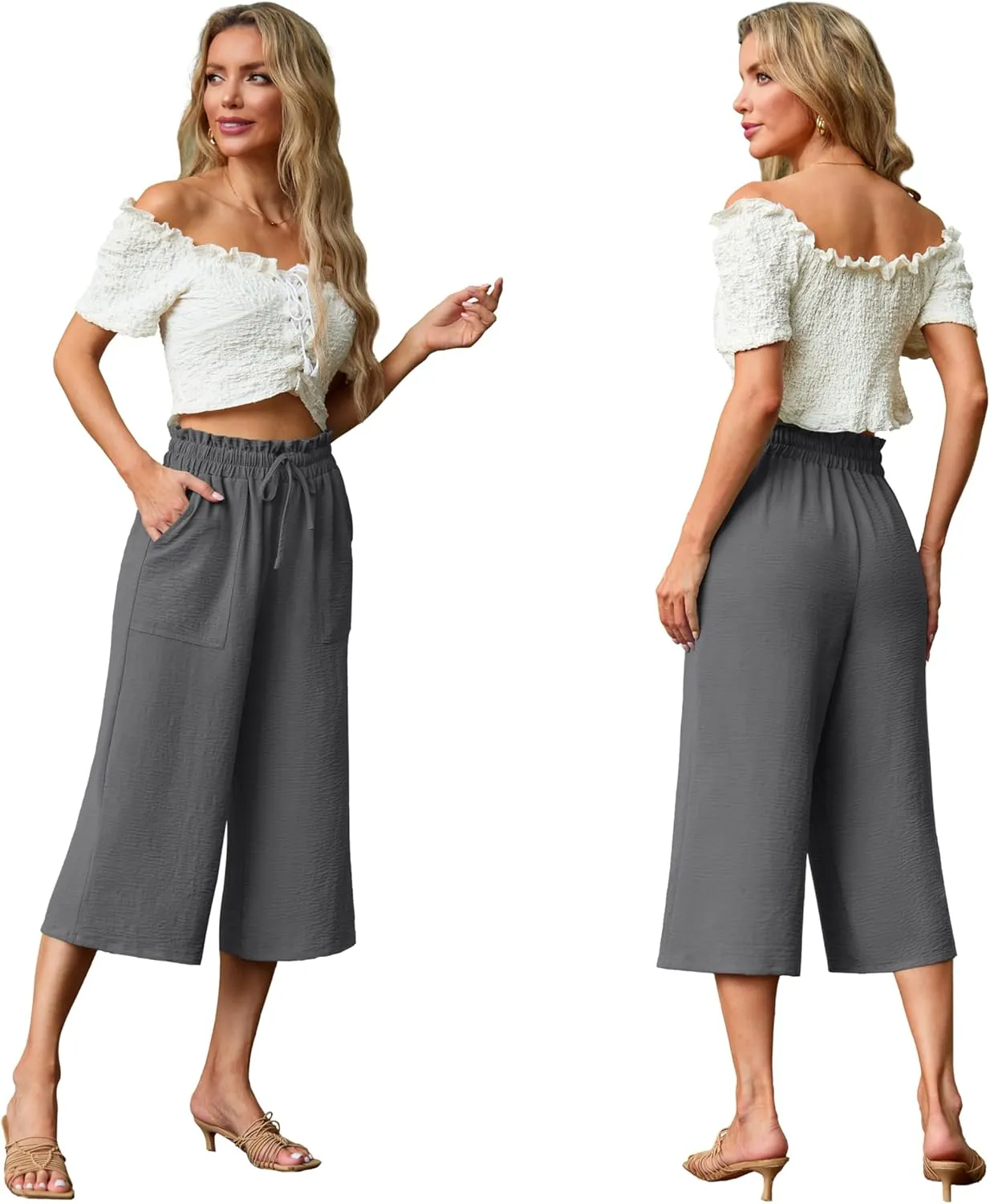 Lepunuo Women's Wide Leg Capri Pants High Waisted Palazzo Pants Adjustable Casual Tie Knot Pants with Pockets