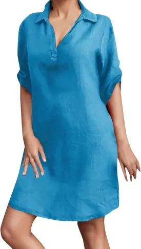 Linen Dress Women Summer Beach Plus Size V Neck Short Sleeve Funeral Dress Elegant Travel Outfits for Women Linen Shirt