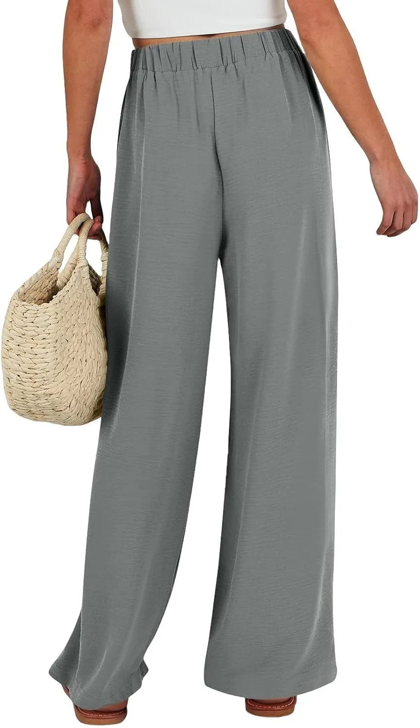 Linen Pants Women Wide Leg High Waist Casual Loose Pants Summer Beach Palazzo Flowly Drawstring Trousers with Pockets