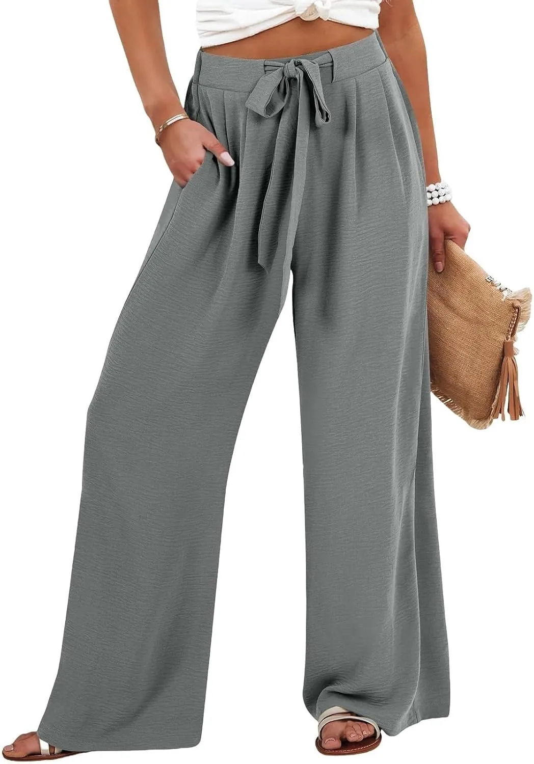 Linen Pants Women Wide Leg High Waist Casual Loose Pants Summer Beach Palazzo Flowly Drawstring Trousers with Pockets