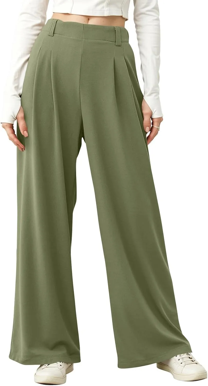 Linen Trousers Pants for Women High Waisted Wide Leg Palazzo Pants Business Casual Flowy Dress Work Pant with Pockets