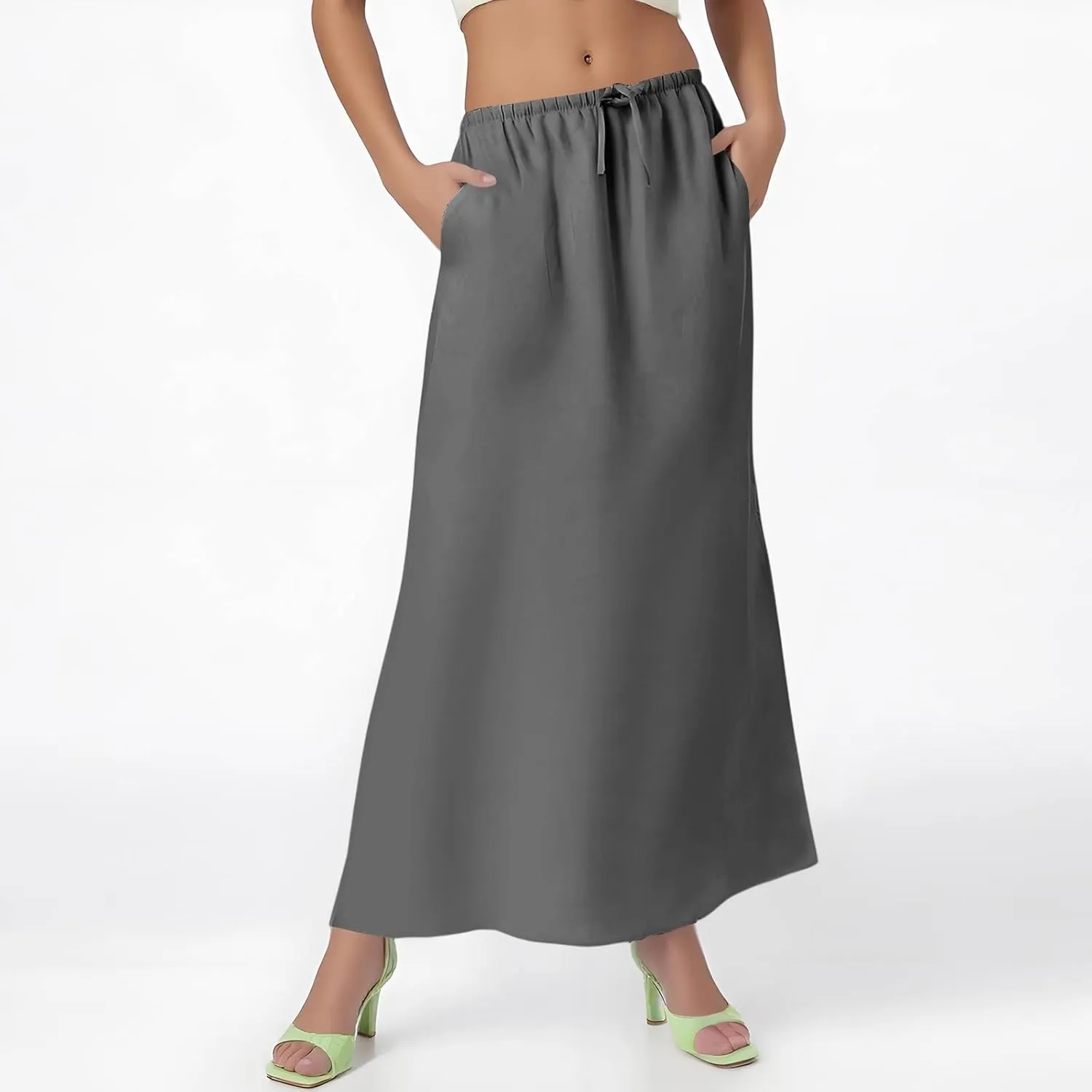 Linen Wrap Maxi Skirts for Women Trendy Summer Boho Long Low Rise Cotton Floor Length Skirt with Side Pockets