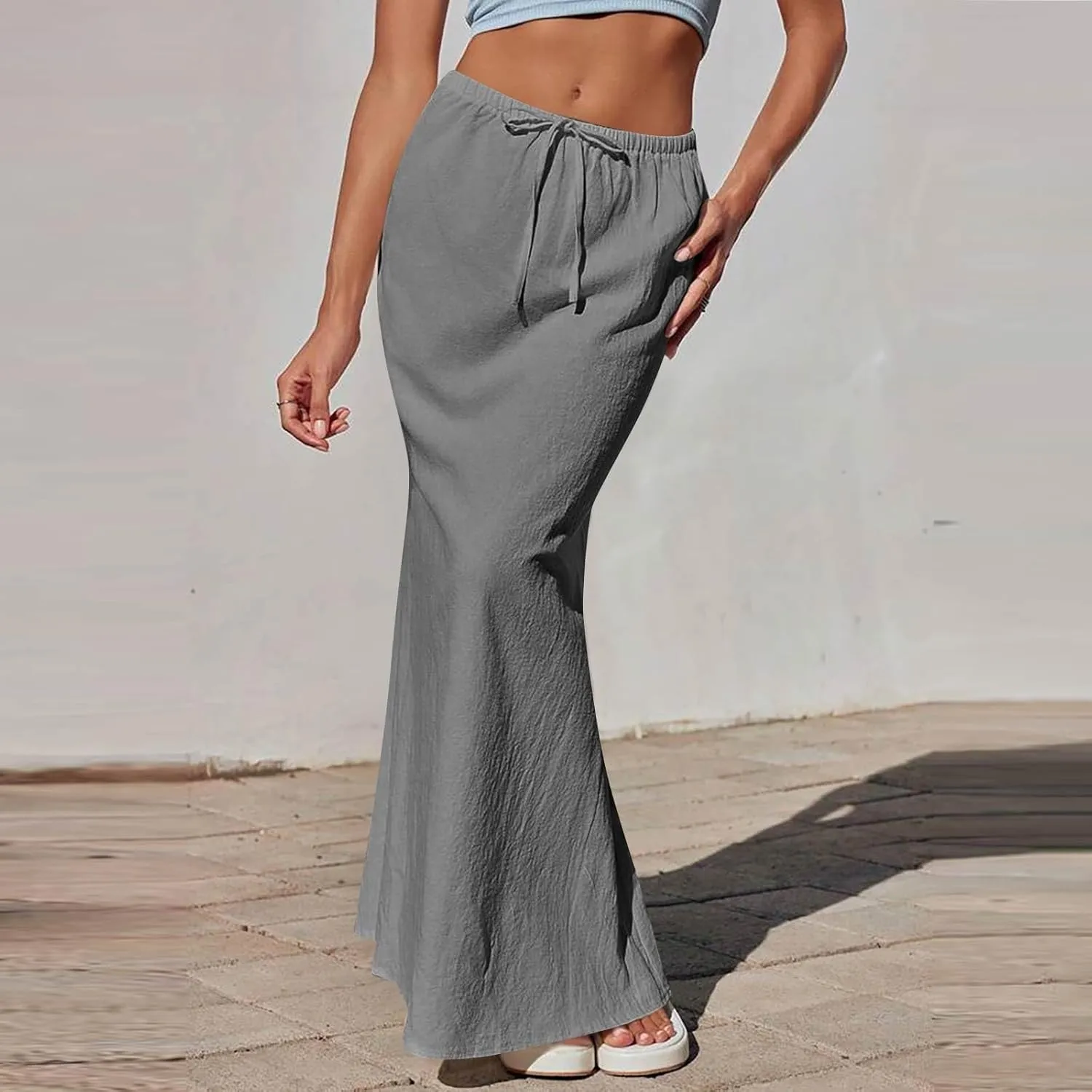 Linen Wrap Maxi Skirts for Women Trendy Summer Boho Long Low Rise Cotton Floor Length Skirt with Side Pockets