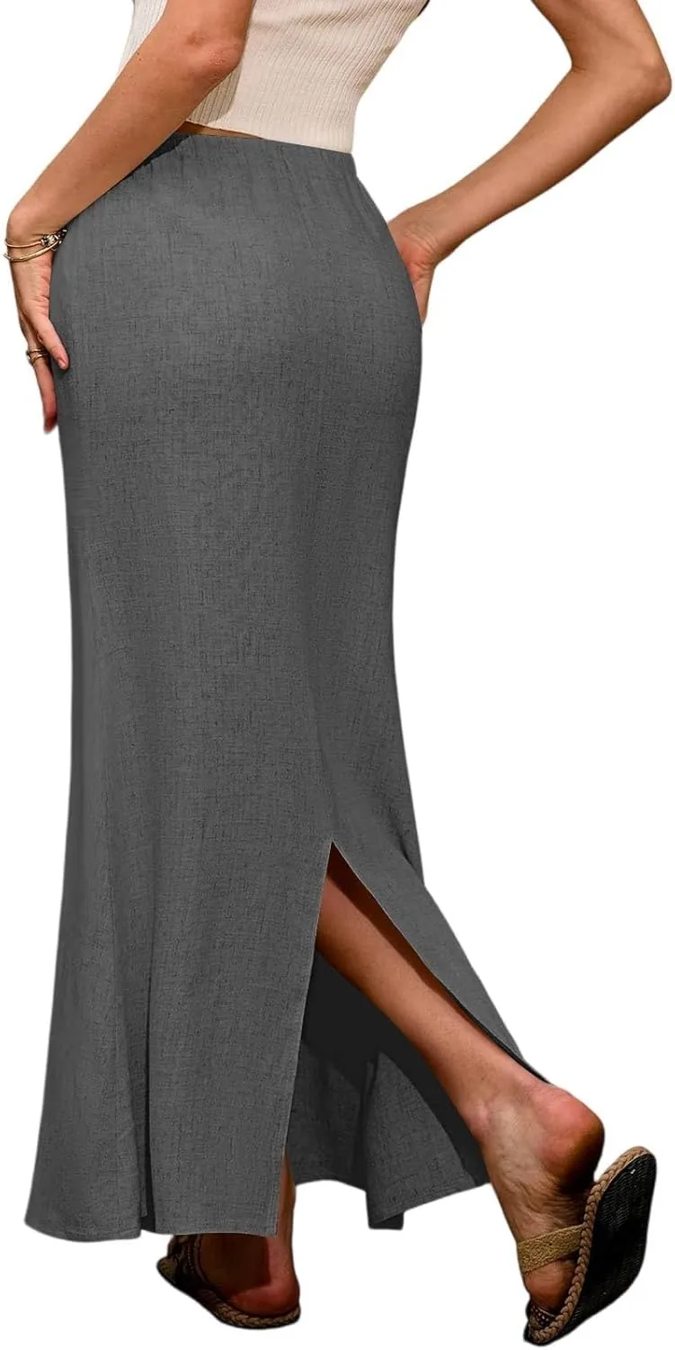 Linen Wrap Maxi Skirts for Women Trendy Summer Boho Long Low Rise Cotton Floor Length Skirt with Side Pockets