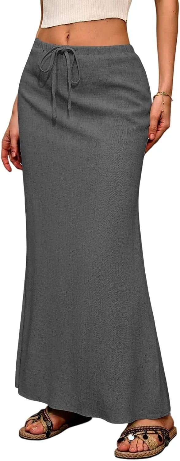 Linen Wrap Maxi Skirts for Women Trendy Summer Boho Long Low Rise Cotton Floor Length Skirt with Side Pockets