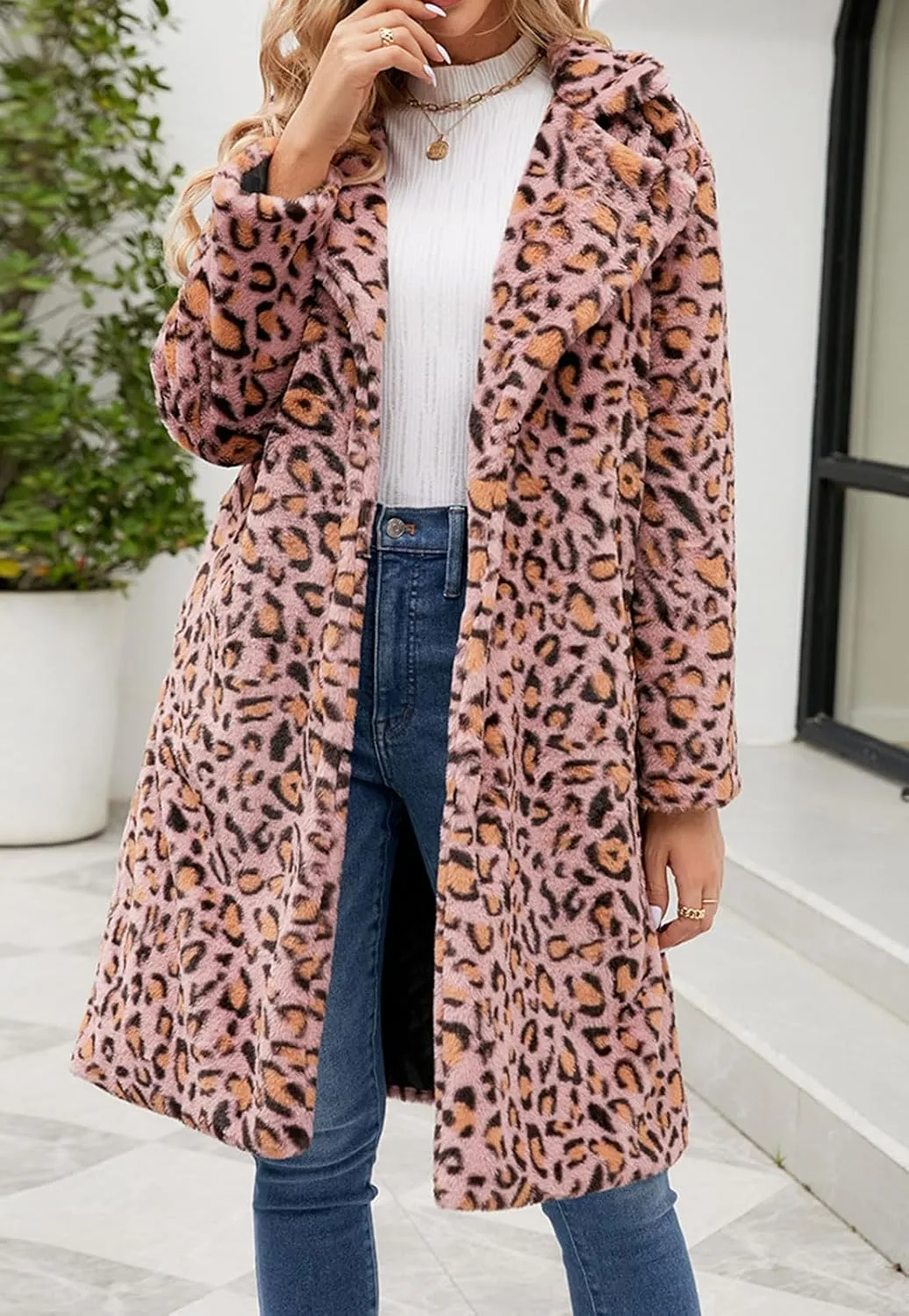 loveimgs Women Long Faux Fur Jacket Warm Coat Leopard Fluffy Open Front Cardigan Fuzzy Teddy Coat Winter Overcoat