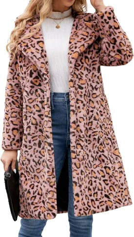 loveimgs Women Long Faux Fur Jacket Warm Coat Leopard Fluffy Open Front Cardigan Fuzzy Teddy Coat Winter Overcoat