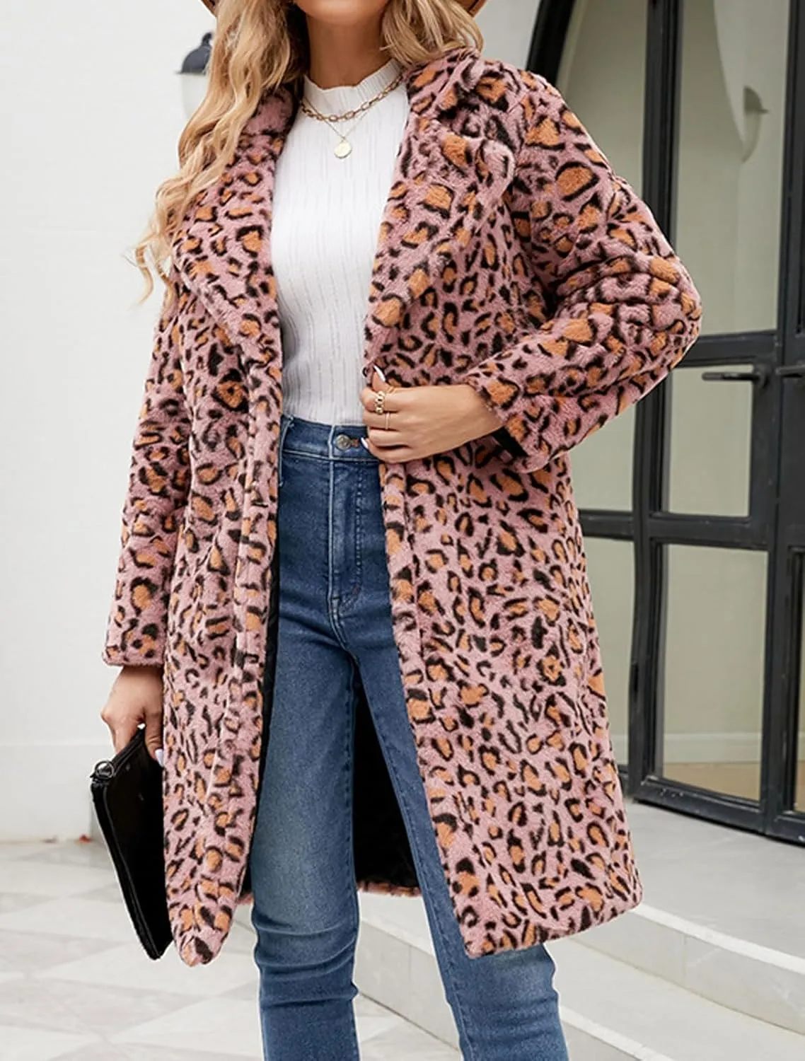 loveimgs Women Long Faux Fur Jacket Warm Coat Leopard Fluffy Open Front Cardigan Fuzzy Teddy Coat Winter Overcoat