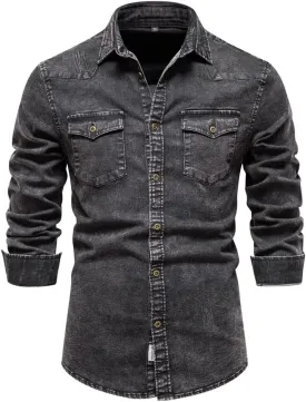 Men's Denim Shirt Casual Slim Fit Button Down Long Sleeve Washed Denim Shirt