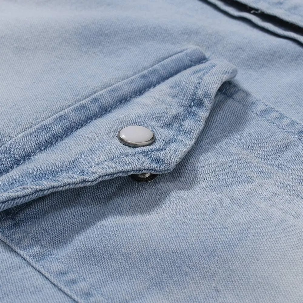Men's Denim Shirt Casual Slim Fit Button Down Long Sleeve Washed Denim Shirt