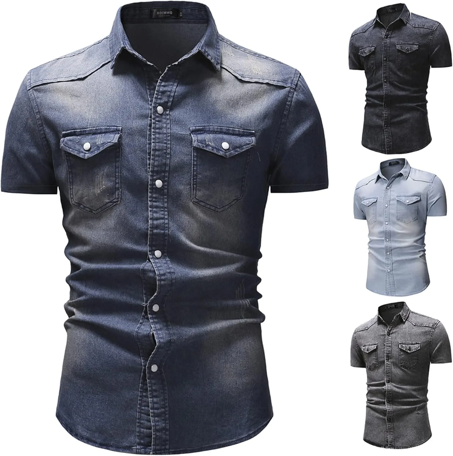 Men's Denim Shirt Casual Slim Fit Button Down Long Sleeve Washed Denim Shirt