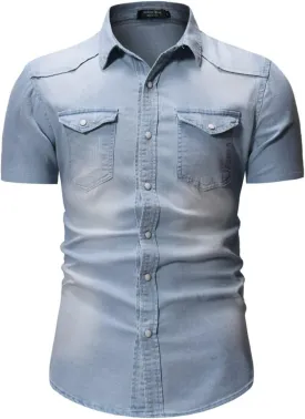 Men's Denim Shirt Casual Slim Fit Button Down Long Sleeve Washed Denim Shirt