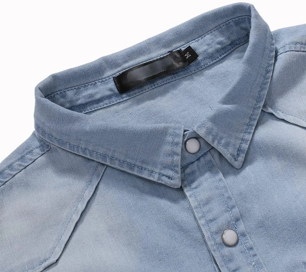 Men's Denim Shirt Casual Slim Fit Button Down Long Sleeve Washed Denim Shirt