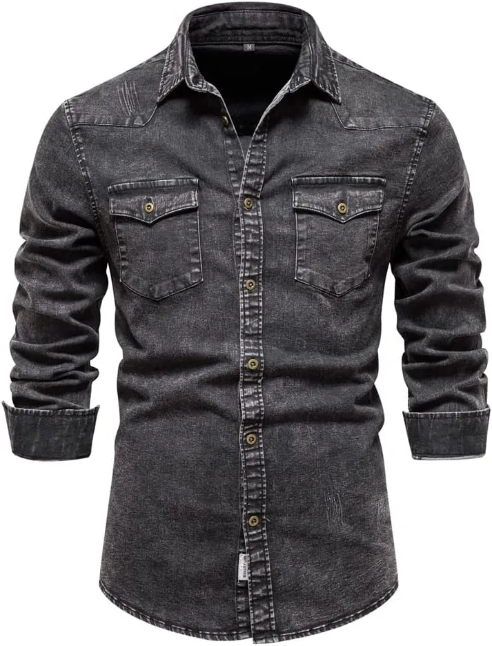 Men's Denim Shirt Casual Slim Fit Button Down Long Sleeve Washed Denim Shirt