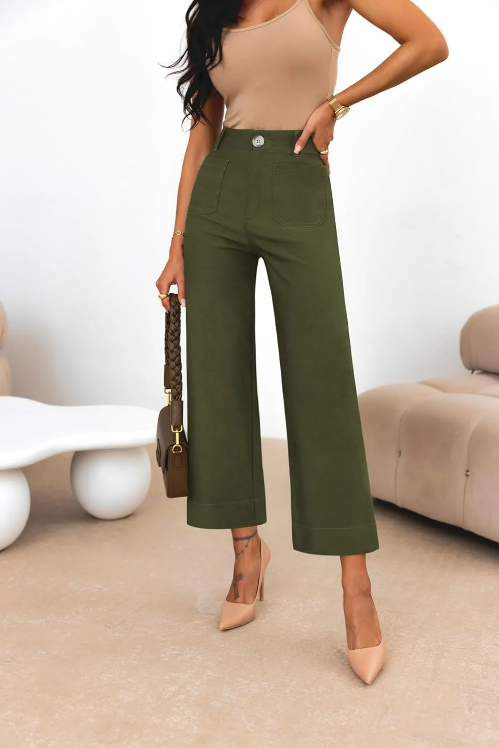 miduo Womens High Waisted Cropped Wide Leg Stretchy Straight Pants Trousers with Pockets