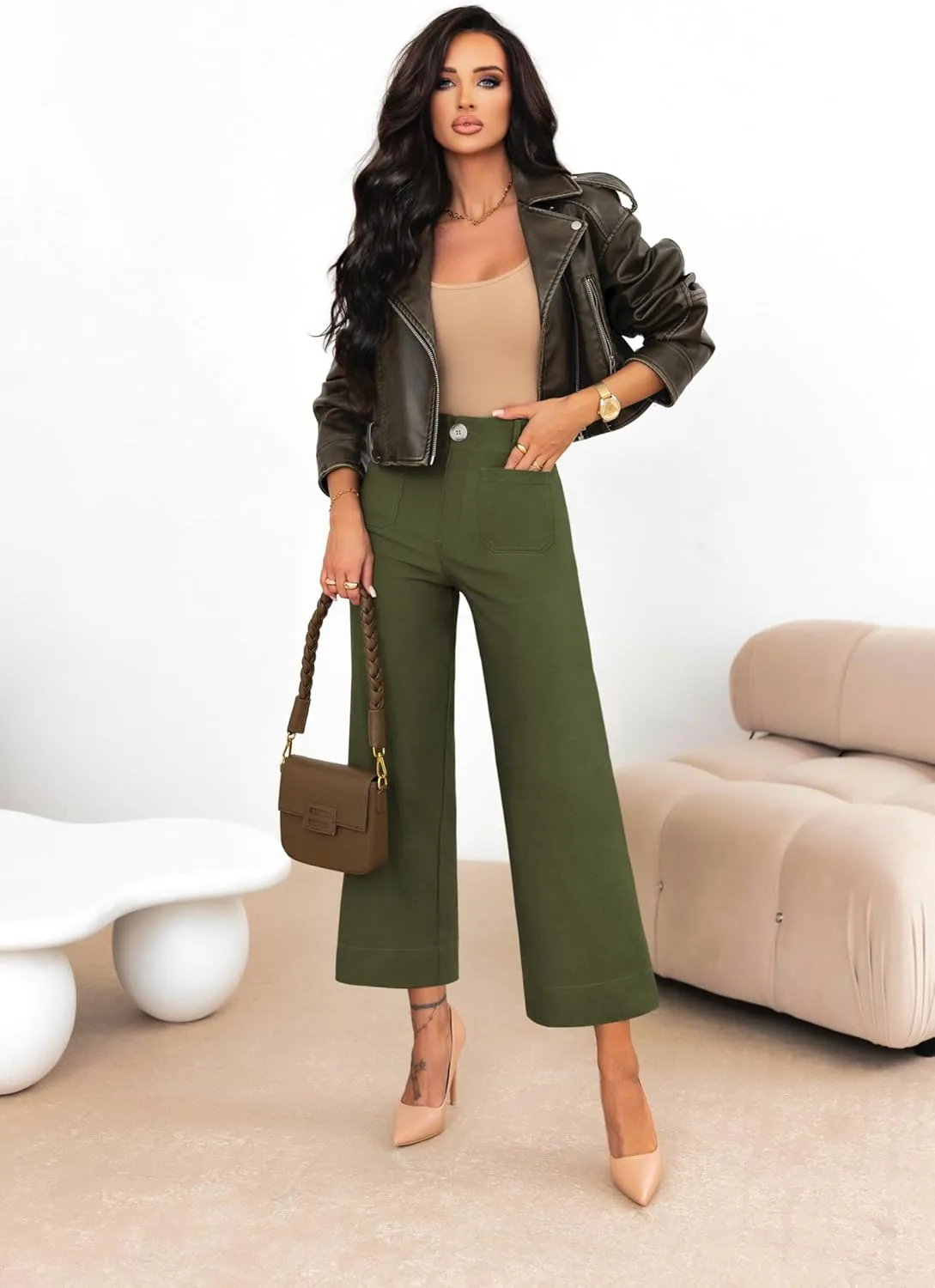 miduo Womens High Waisted Cropped Wide Leg Stretchy Straight Pants Trousers with Pockets