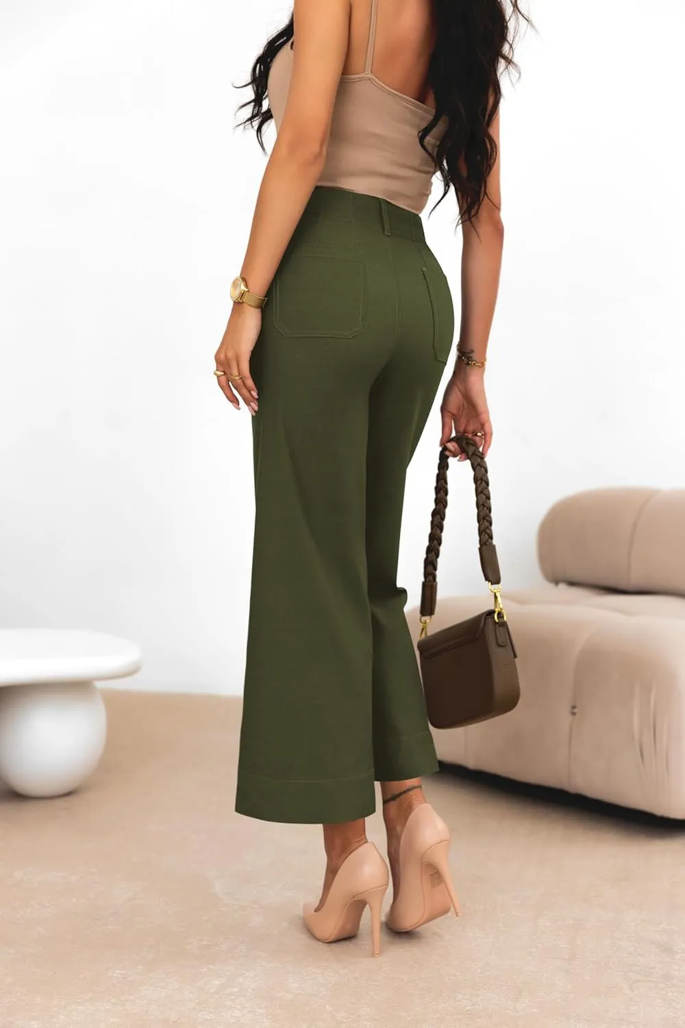 miduo Womens High Waisted Cropped Wide Leg Stretchy Straight Pants Trousers with Pockets