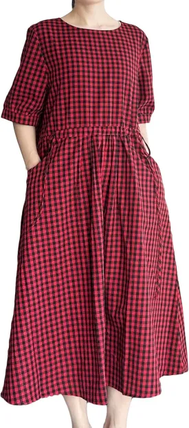 Minibee Women's Cotton Linen Dress Summer Short Sleeve Casual Plaid Flowy A-Line Midi Dresses with Pockets