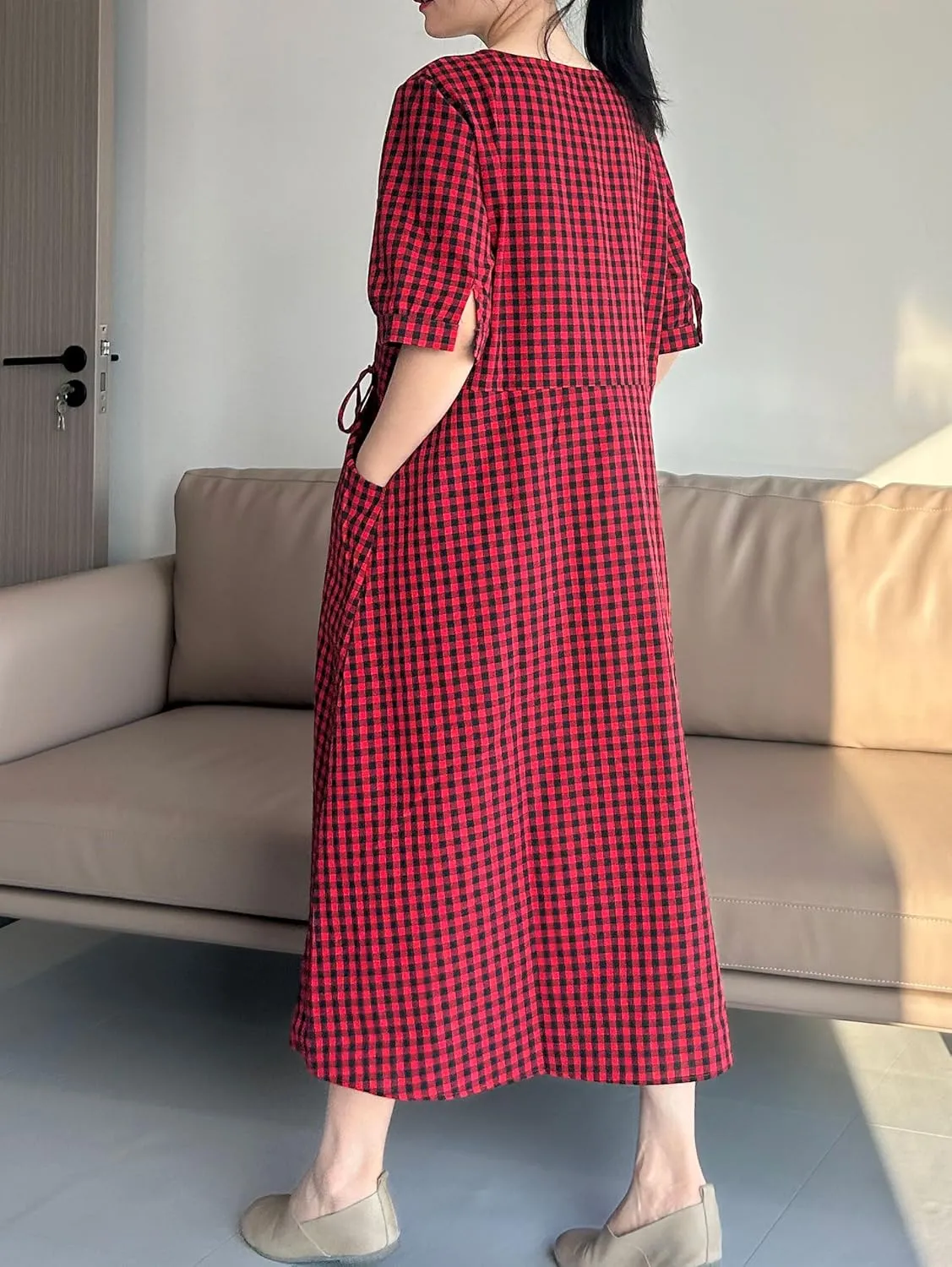 Minibee Women's Cotton Linen Dress Summer Short Sleeve Casual Plaid Flowy A-Line Midi Dresses with Pockets