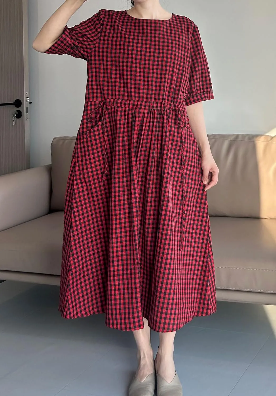 Minibee Women's Cotton Linen Dress Summer Short Sleeve Casual Plaid Flowy A-Line Midi Dresses with Pockets