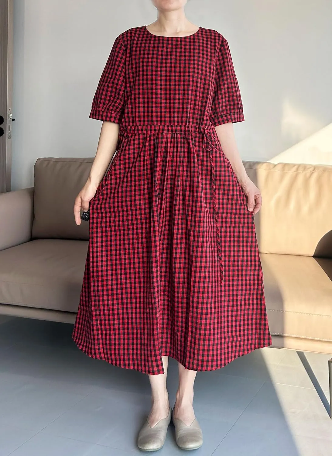 Minibee Women's Cotton Linen Dress Summer Short Sleeve Casual Plaid Flowy A-Line Midi Dresses with Pockets