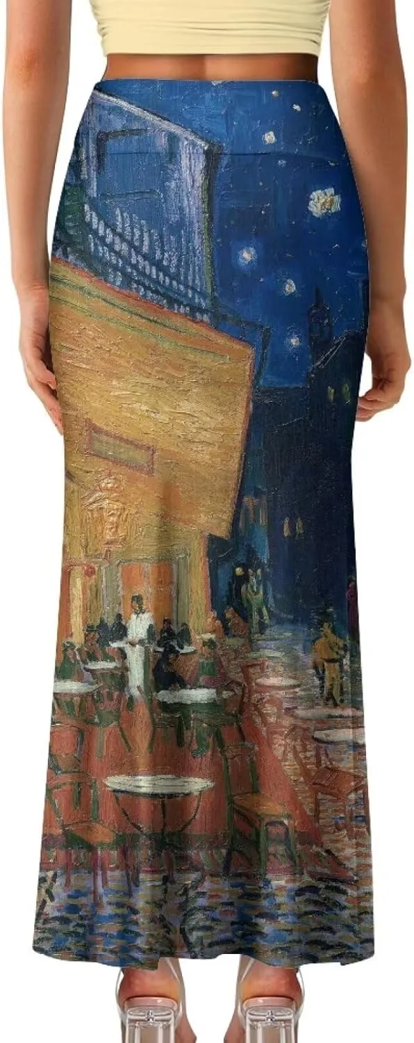 Oil Painting Printed Women's Party Long Flare Maxi Zipper Elegant Skirt High Waisted A-Link Long Maxi Skirt