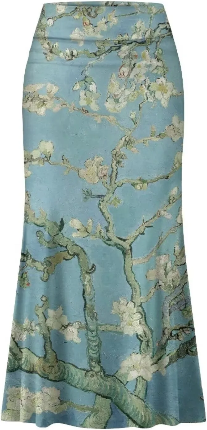 Oil Painting Printed Women's Party Long Flare Maxi Zipper Elegant Skirt High Waisted A-Link Long Maxi Skirt